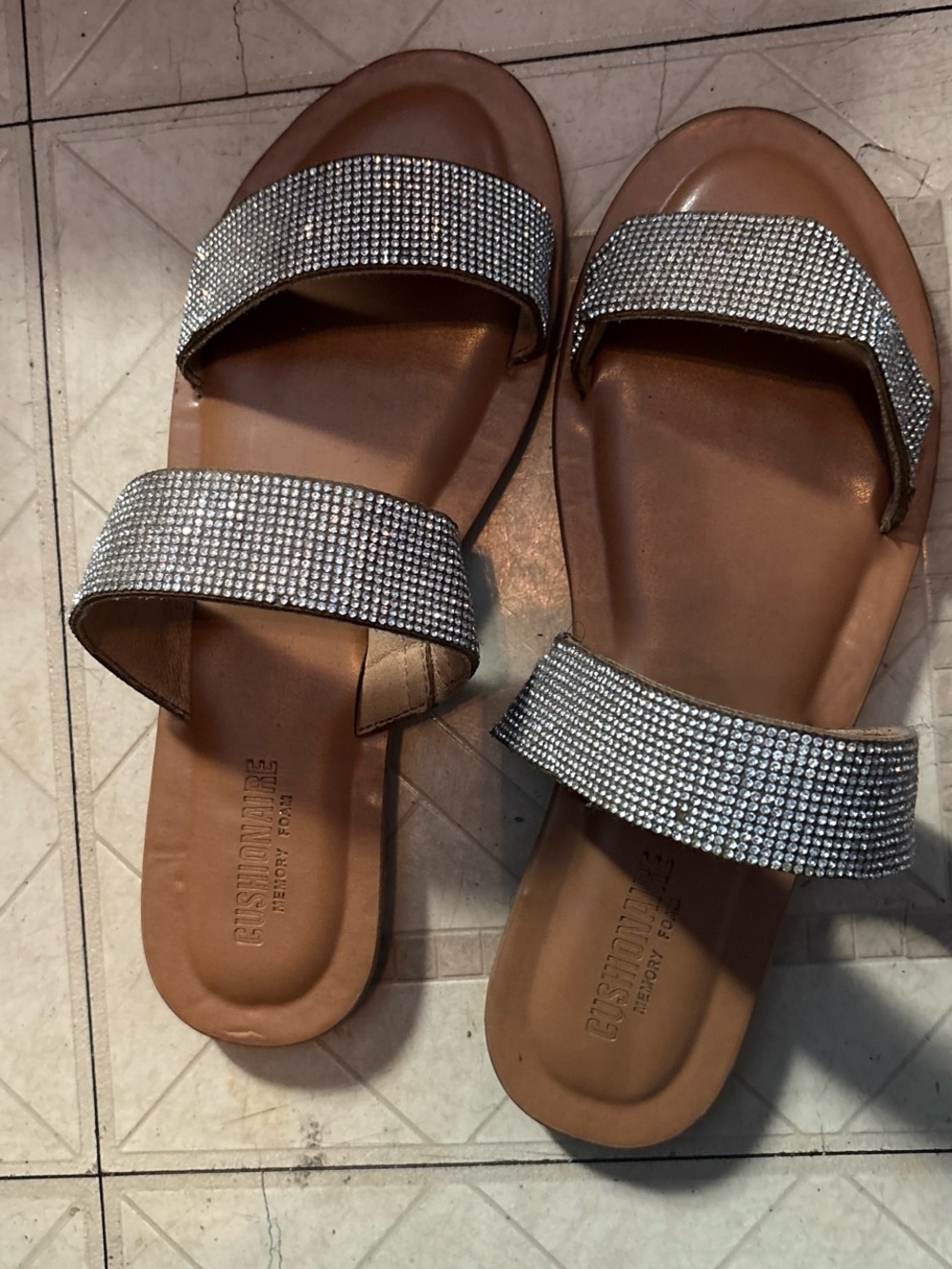 Embellished Brown Slide Sandals with Silver Straps
